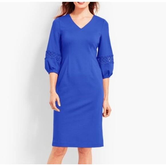 NWOT Talbots Cobalt Blue Blouson Sleeve Lace Knee Length Career Sheath Dress - Picture 1 of 9